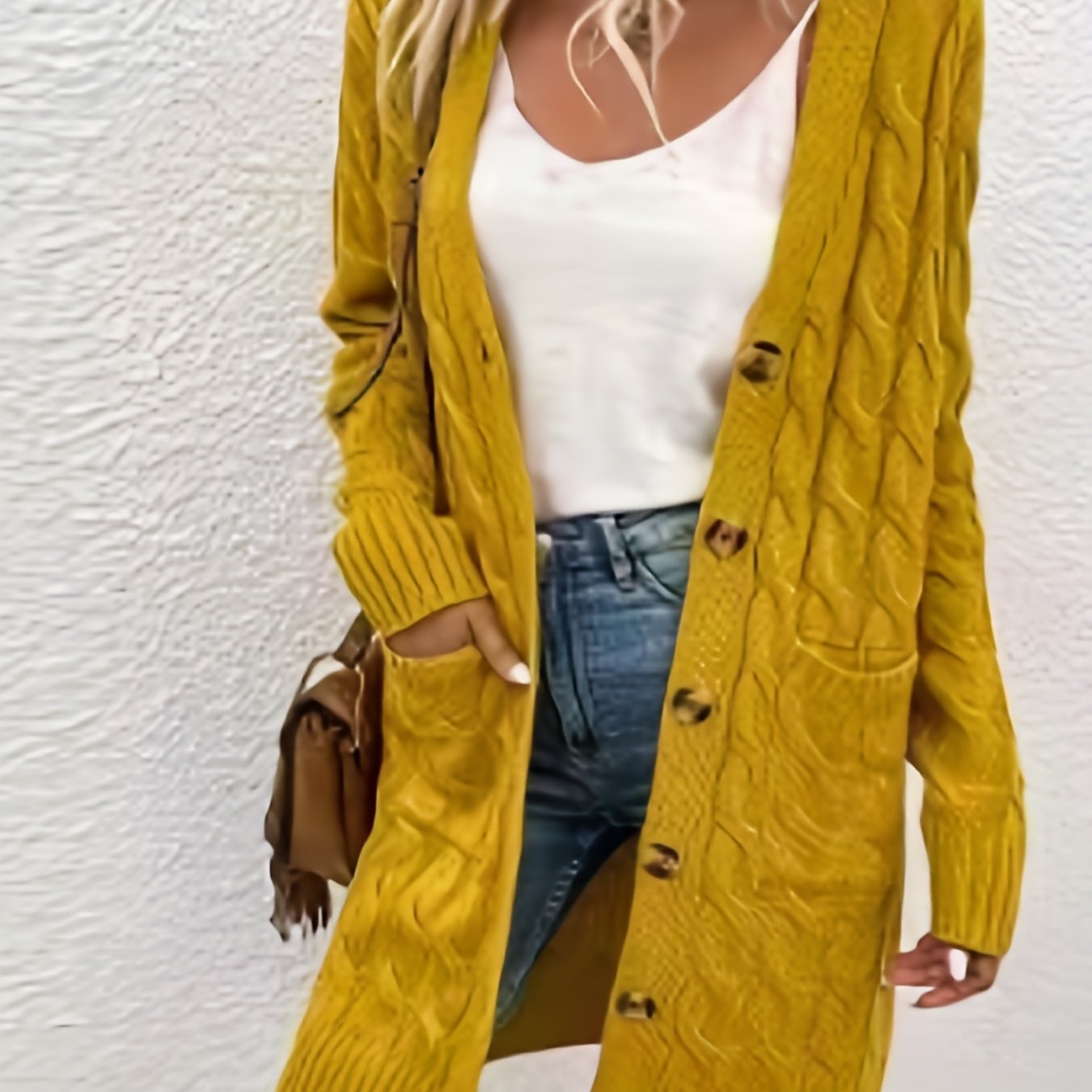  Solid Jacquard Long Cardigan With Pockets