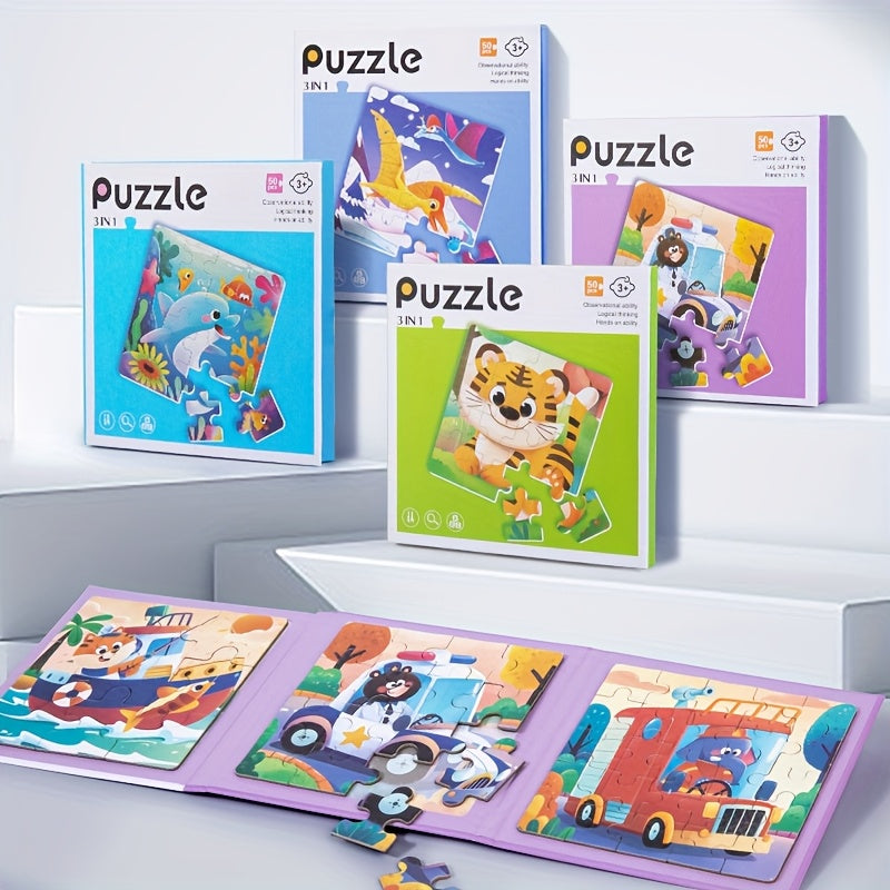 Advanced 3-in-1 Puzzle Book: Ocean Animals, Transportation, Dinosaurs