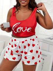  Letter & Heart Print Crop Tank Top & Shorts Pajama