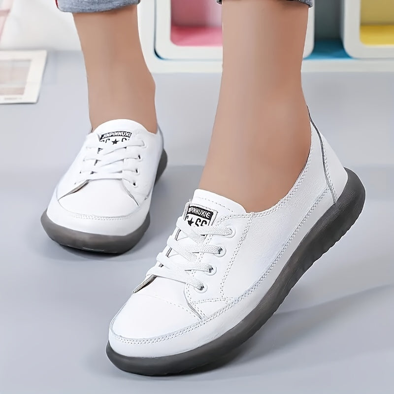 Women's Lace Up Flat Sneakers Low Top Shoes Soft Sole Faux Leather