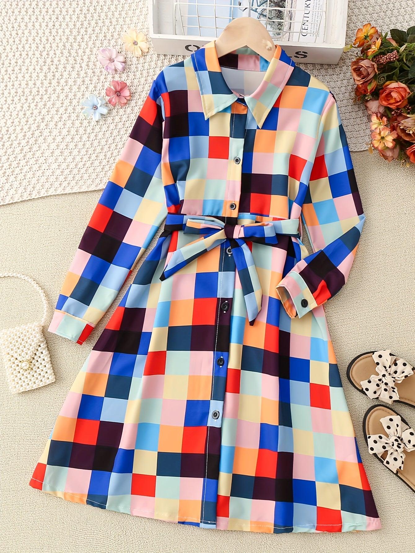 Girls' Stripe Long Sleeve Collared Shirt Dress With Belt