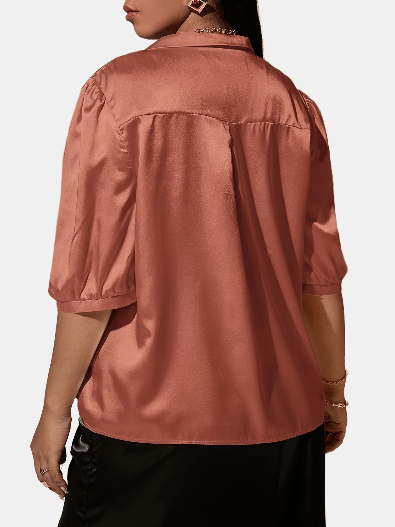  Satin Lapel Collar Short Sleeve Shirt Women's Plus Slight Stretch Shir