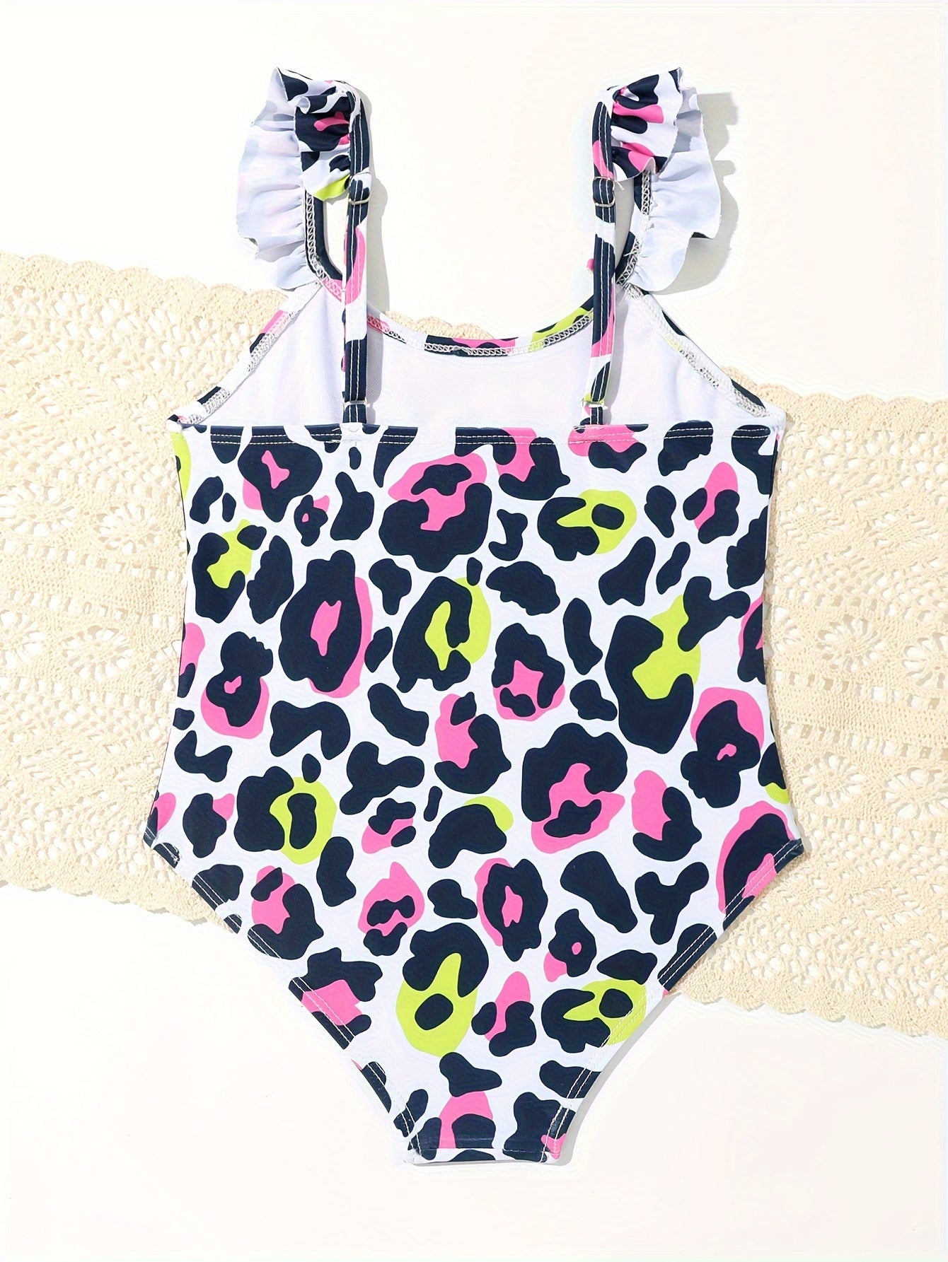 Leopard Print Ruffle Trim 1pc Swimsuit Bathing Suit For Toddler Girls