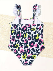 Leopard Print Ruffle Trim 1pc Swimsuit Bathing Suit For Toddler Girls