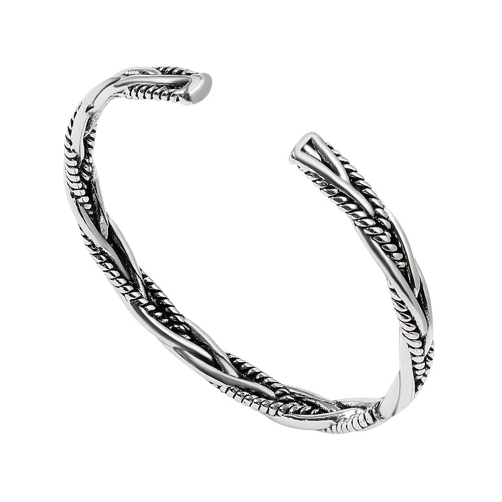 Vintage Silver Braided C-shaped Opening Bracelet, Adjustable