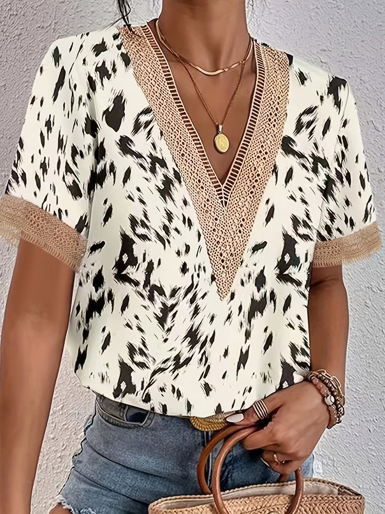  Casual Leopard Print Blouse V Neck Top