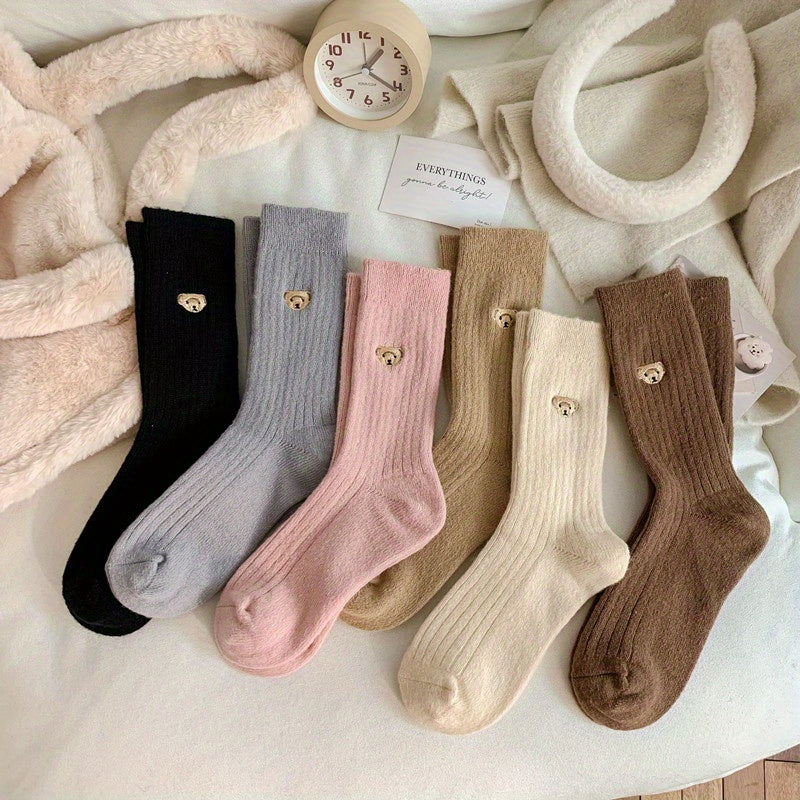 6 Pairs Bear Embroidery Socks Cute Crew Stockings