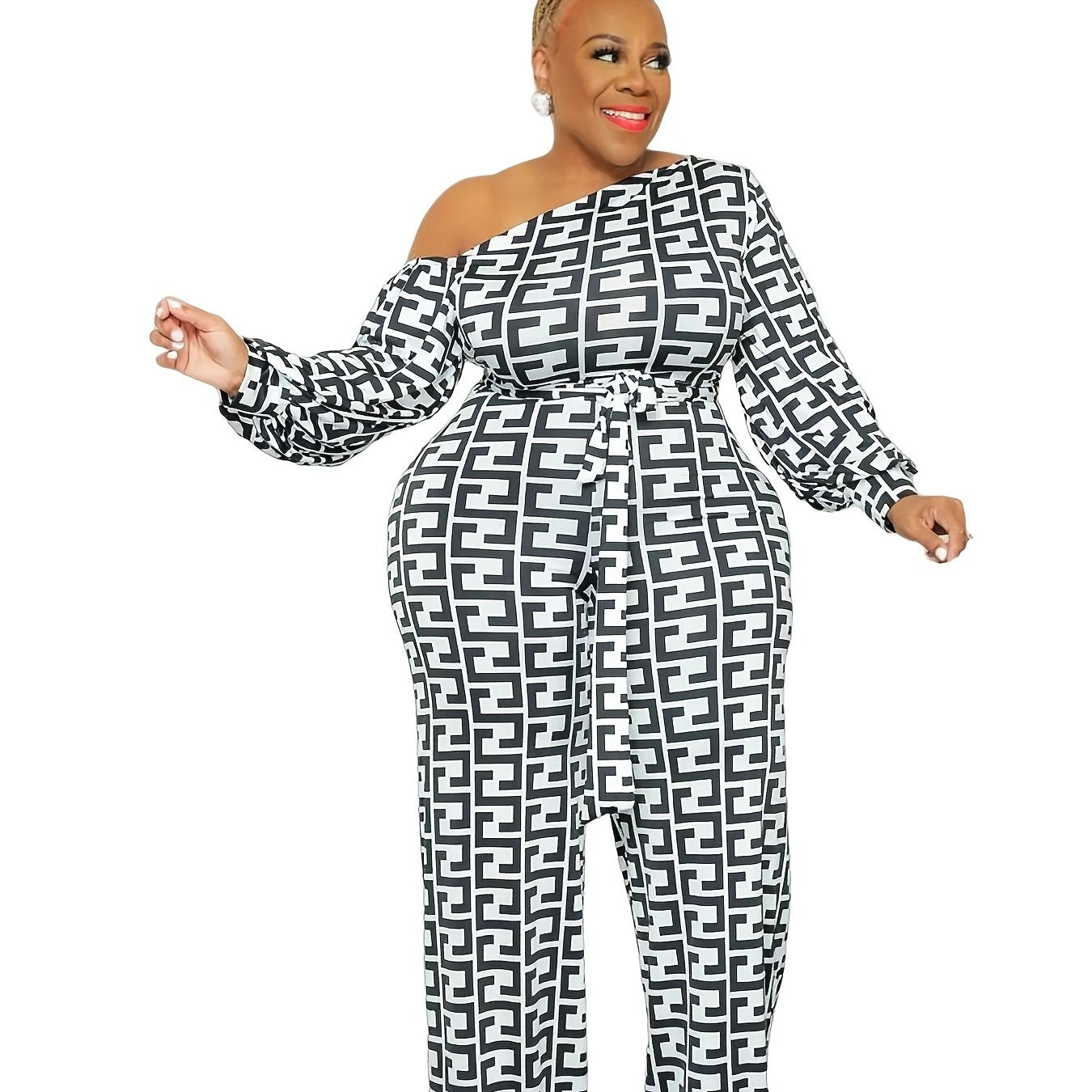  Geometric Print One Shoulder Jumpsuit With Belt