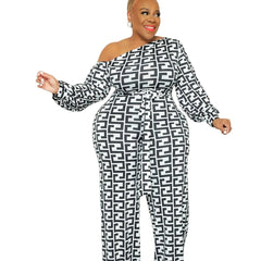  Geometric Print One Shoulder Jumpsuit With Belt