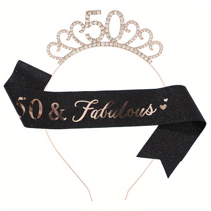 Rhinestone Headband Birthday Party Tiara With Silky Belt Head Jewelry