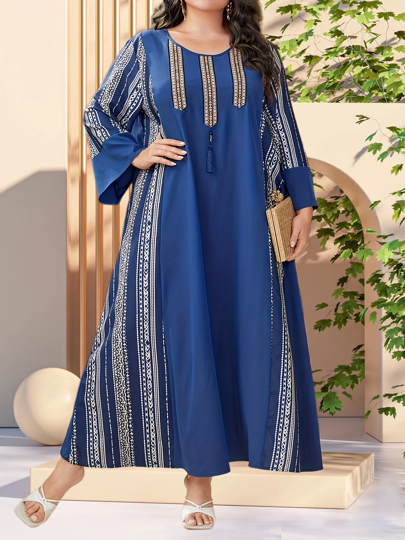  Geometric Print Maxi Dress with Tassel Detail