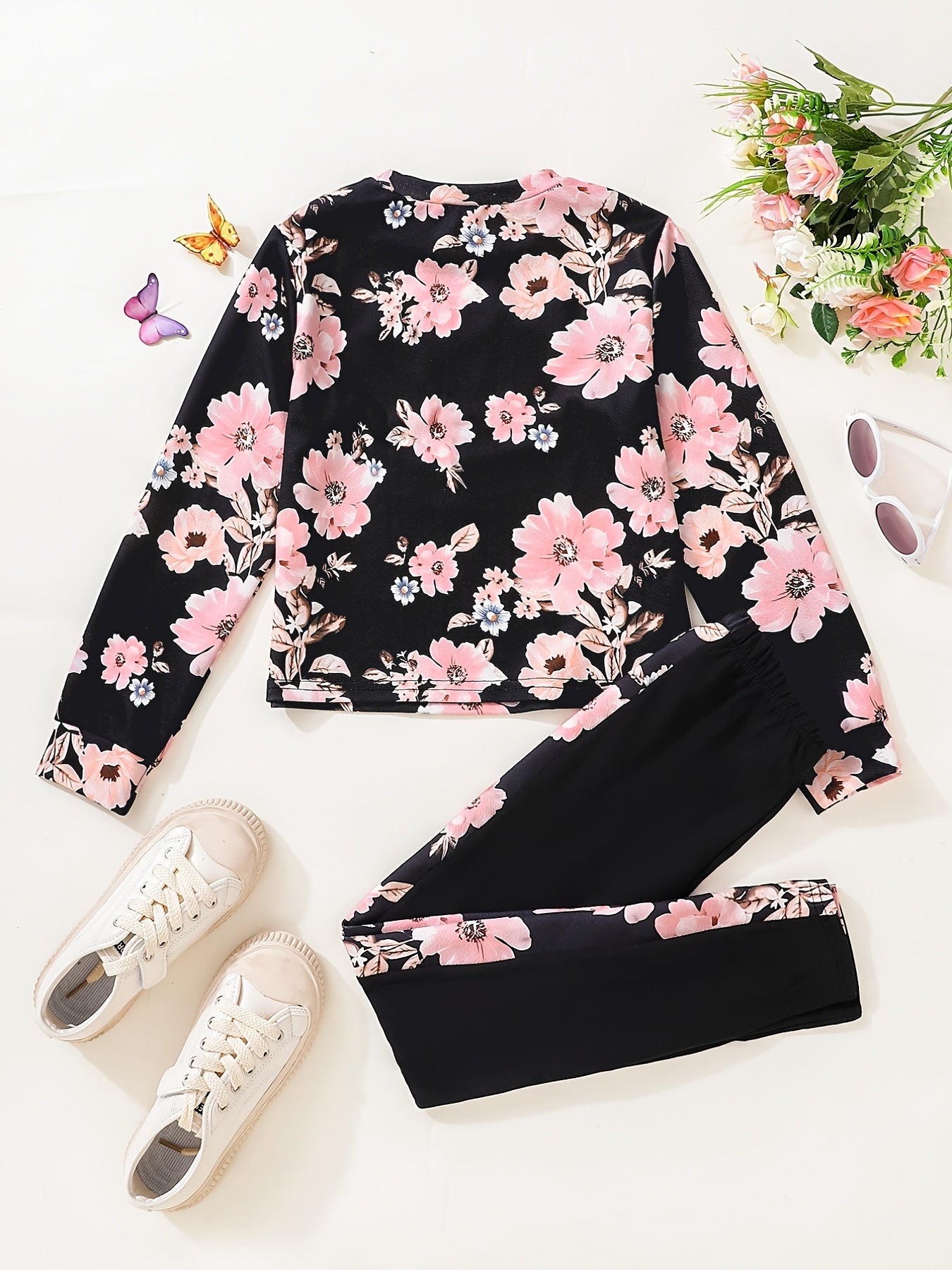Girl's Floral 2pcs Sweatshirt & Leggings Set for Spring Fall