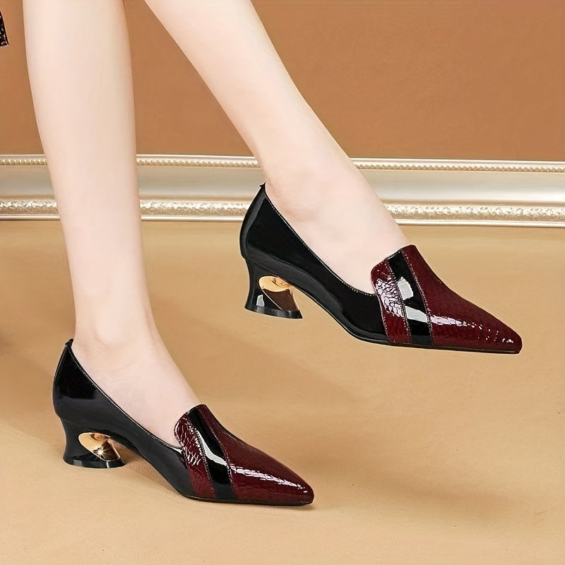 Women's Pointed Toe Slip On Heels Patent Leather Mid Heels