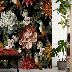 Floral Bird Print Shower Curtain Waterproof Bathroom Decoration
