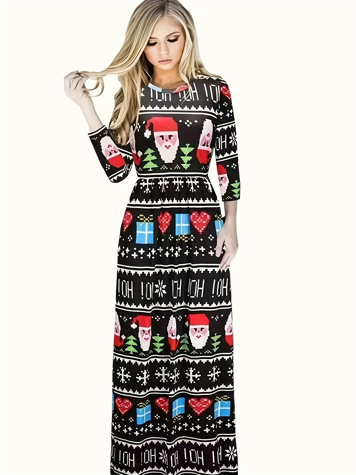  Santa Claus Print Half Sleeve Round Neck Stretch Maxi Dress