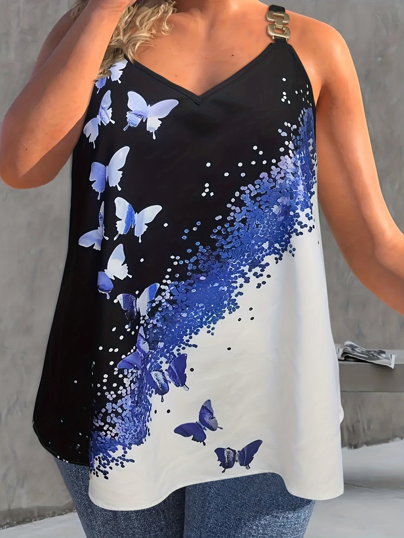  Boho Butterfly Print Chain V Neck Cami Top