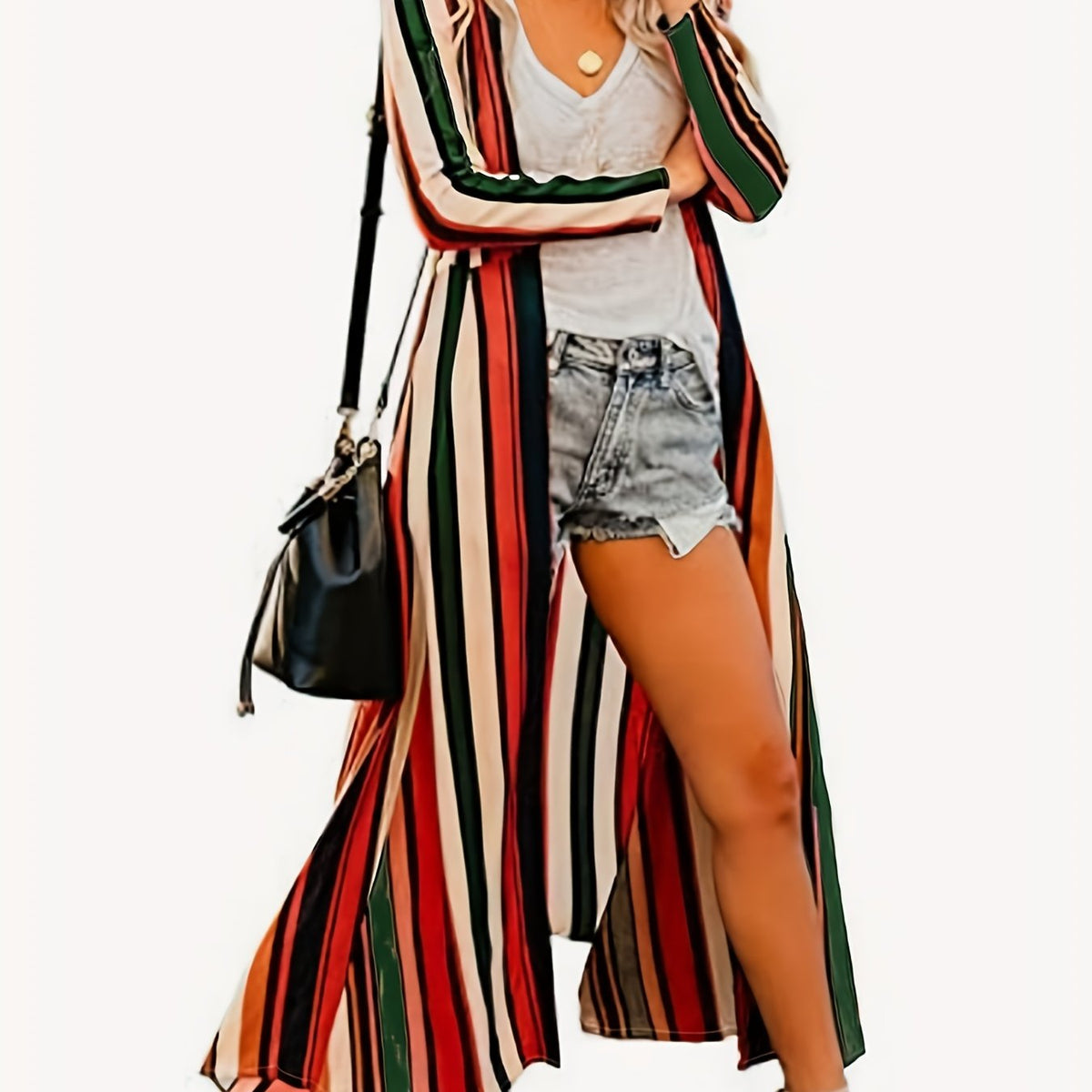  Colorblock Stripe Print Long Sleeve Cardigan
