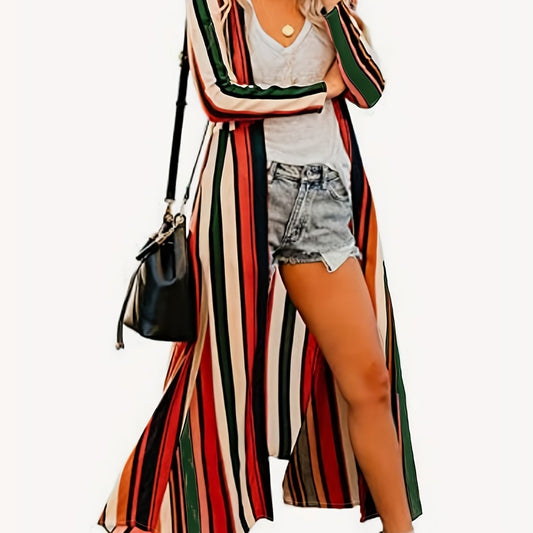  Colorblock Stripe Print Long Sleeve Cardigan