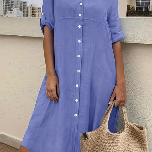  Solid Button Up Long Sleeve Shirt Dress