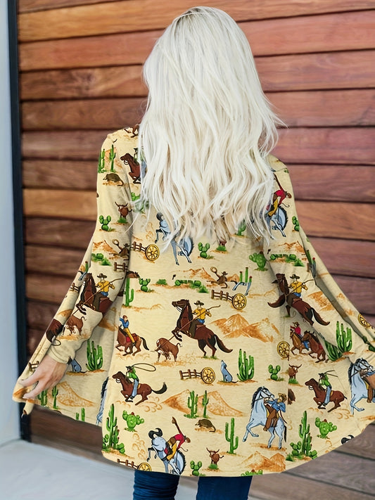  Western Style Cardigan Women's Plus Cowboy Print Long Sleeve