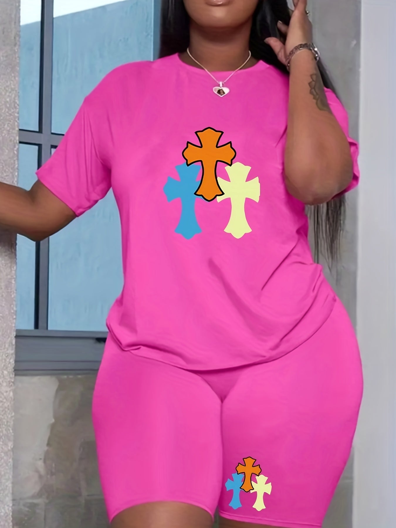  Cross Print Tee & Shorts Outfits Set