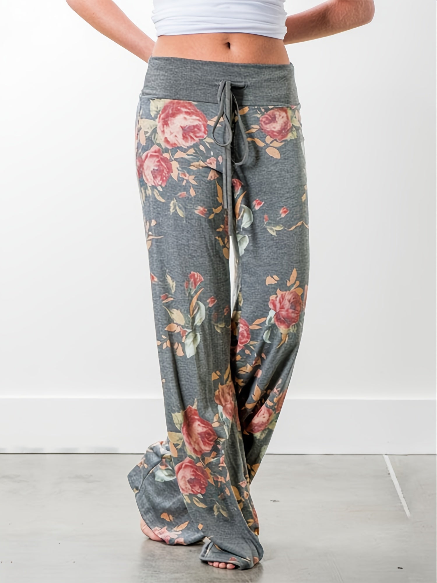 Floral Print High Rise Drawstring Long Pants Plus Size