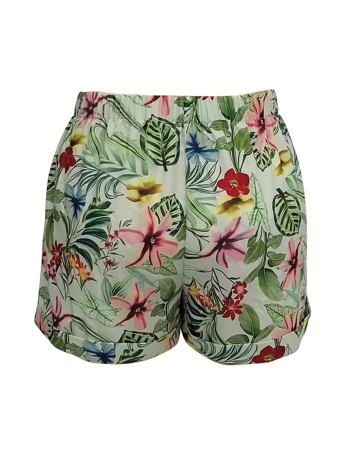  Tropical Print Elastic Drawstring Loose Shorts