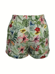  Tropical Print Elastic Drawstring Loose Shorts