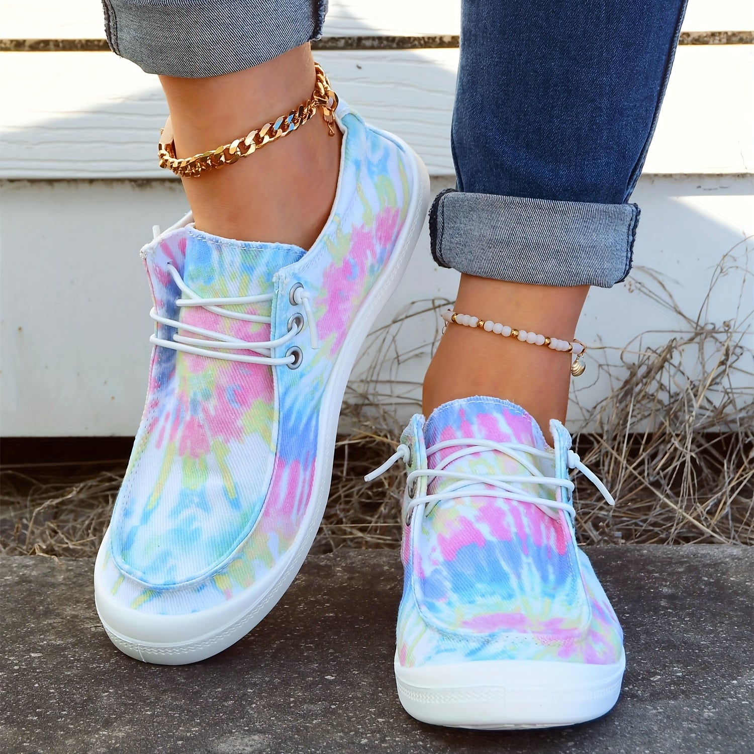 Tie Dye Canvas Lace Up Low Top Flat Shoes for Women