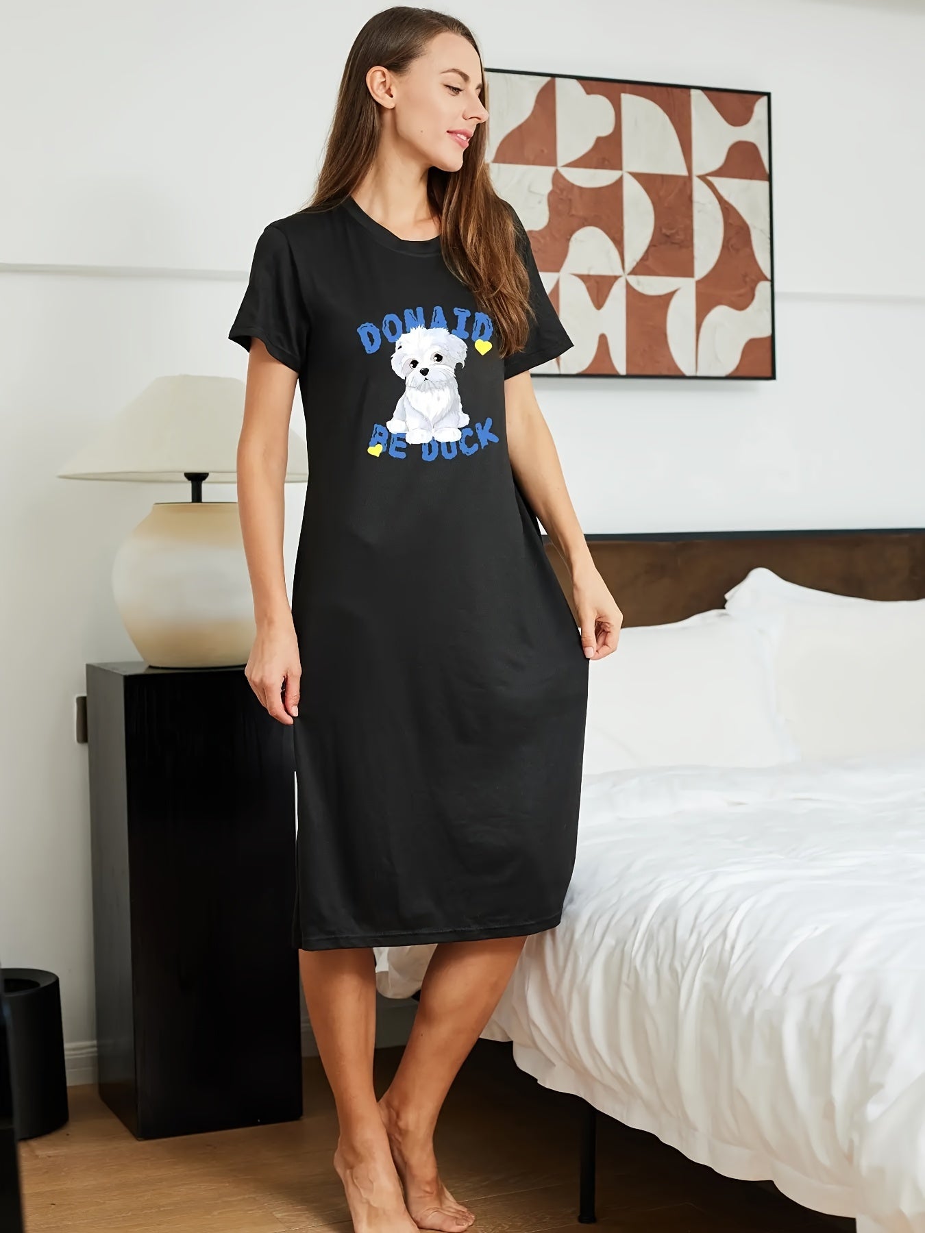 Cartoon Dog Print NightDress Short Sleeve Crew Neck Pajama Dress