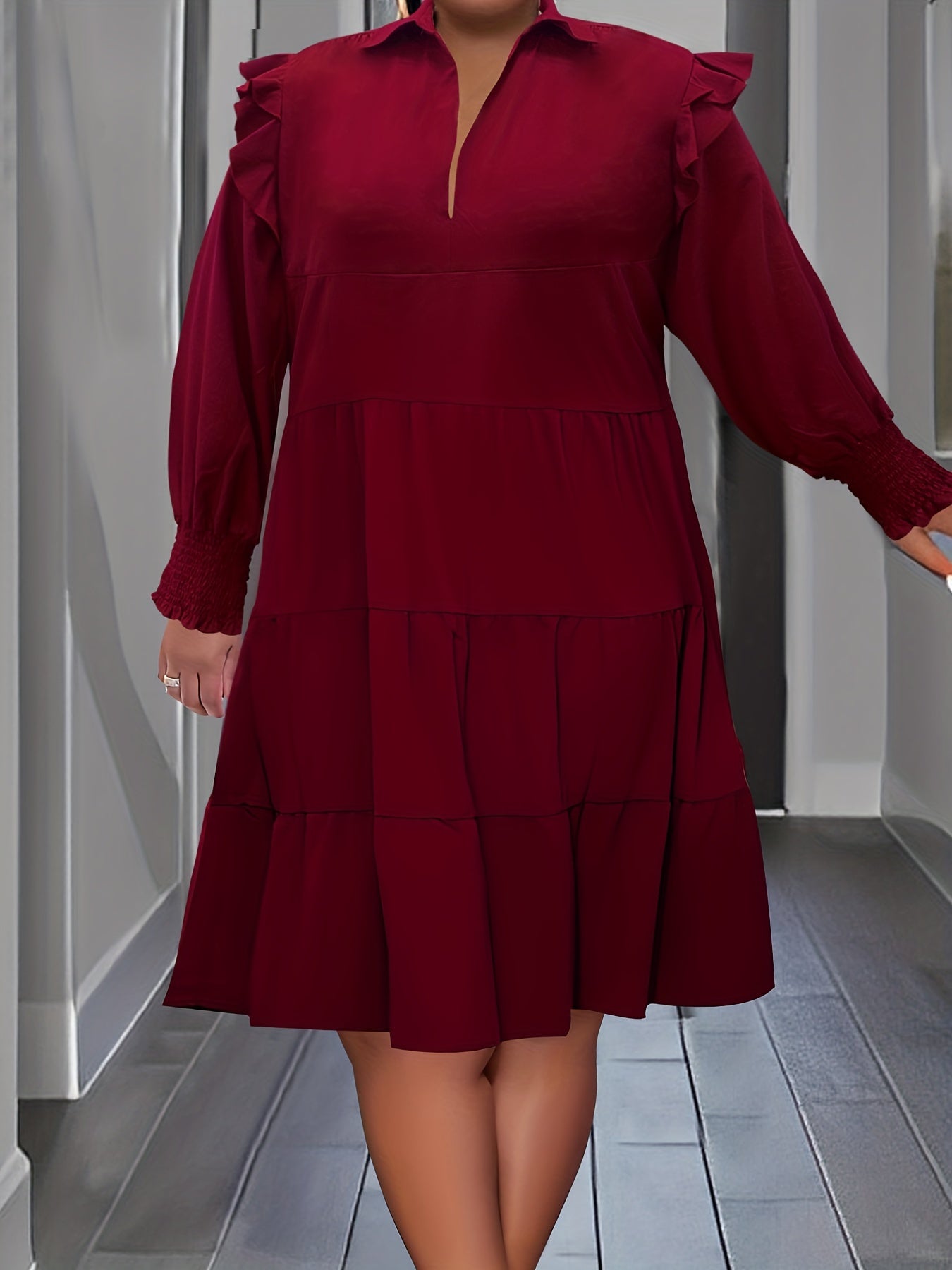  Casual Dress Solid Ruffle Trim Shirred Long Sleeve Lapel Collar Dress