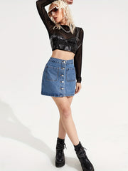 Mid Waist Denim Skirt Single Breasted Patch Pockets