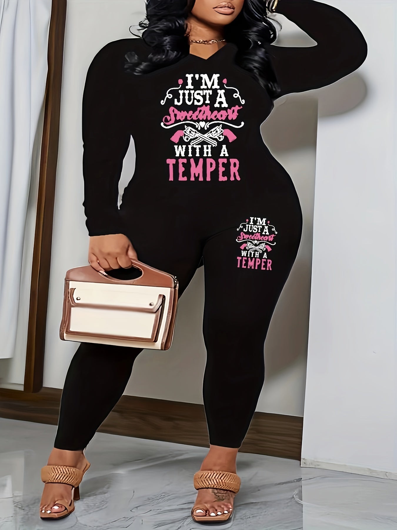  Slogan Print Long Sleeve Top & Leggings Set
