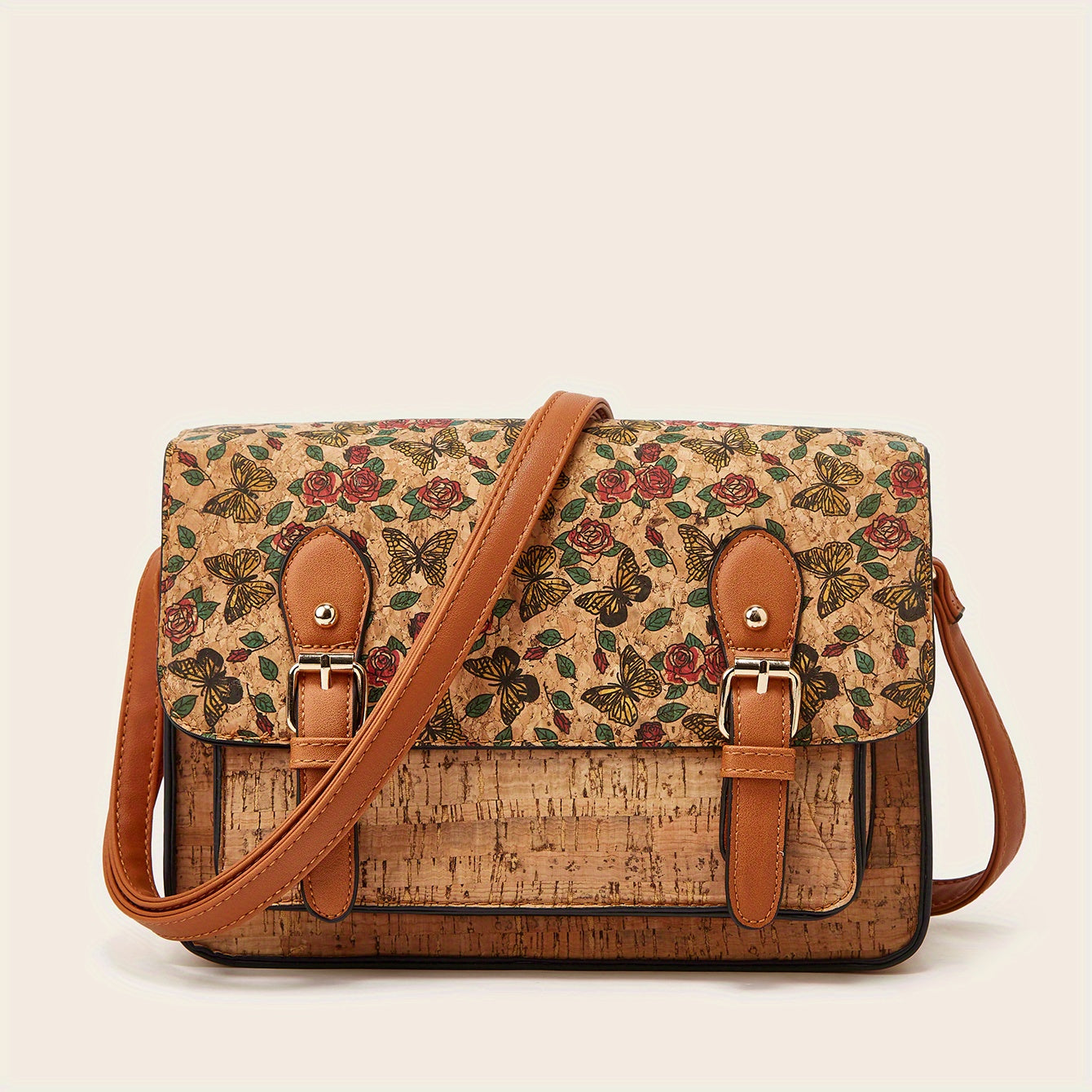 Vintage Flower Print Crossbody Bag Buckle Shoulder Bag