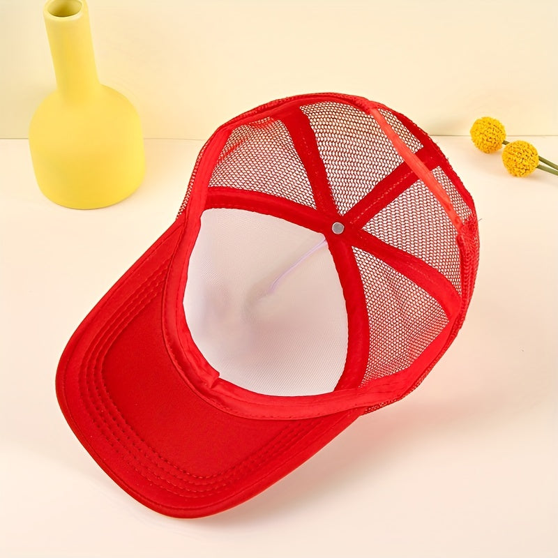 Cartoon Bear Print Trucker Hat Anime Mesh Baseball Cap Red