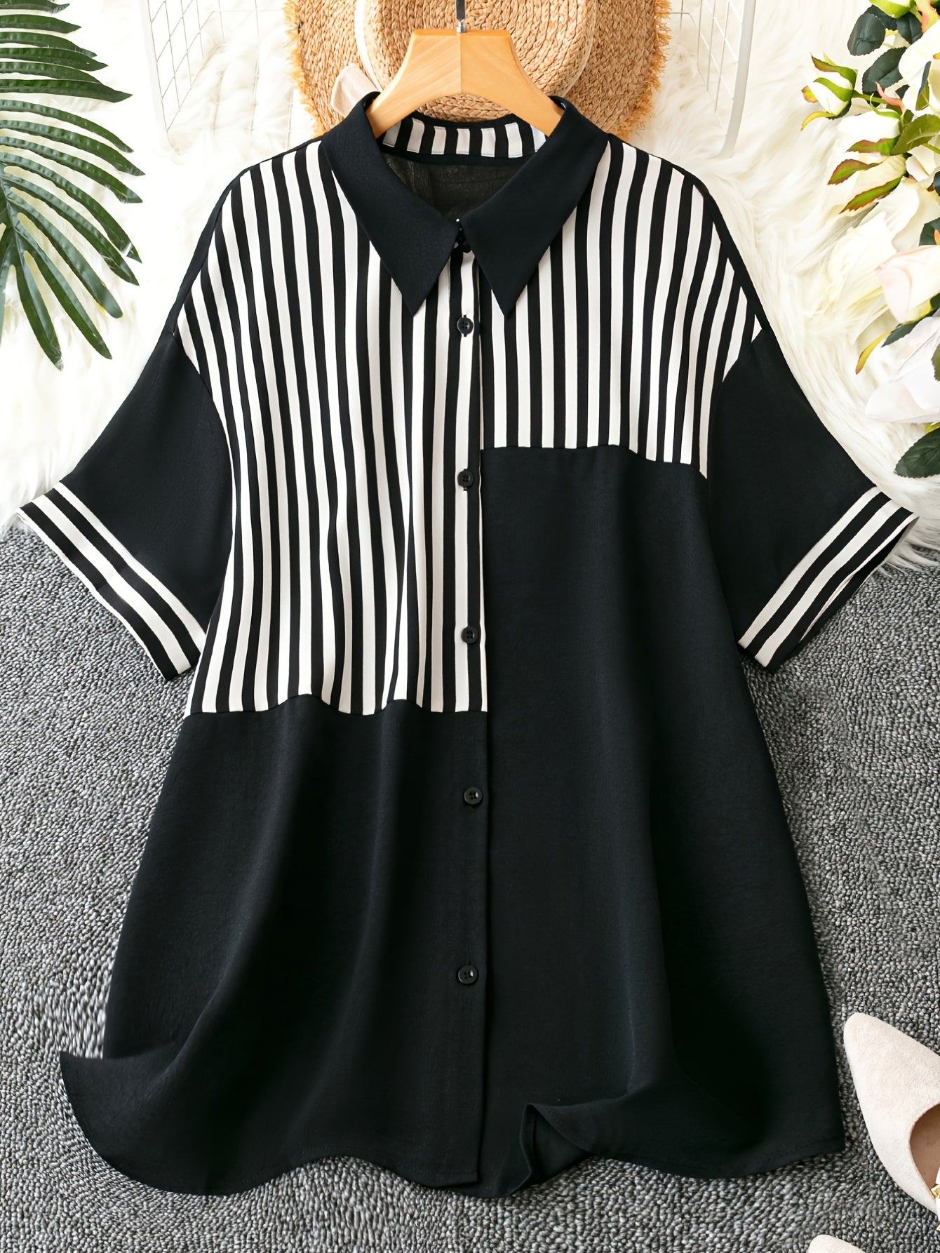  Colorblock Stripe Print Short Sleeve Blouse