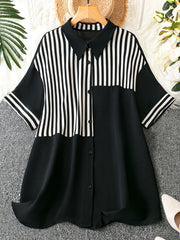  Colorblock Stripe Print Short Sleeve Blouse