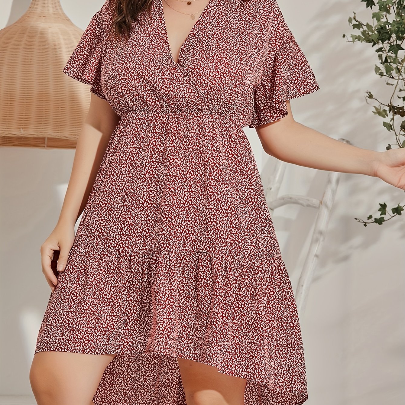 Women's Plus Dalmatian Print Ruffle Trim Dress