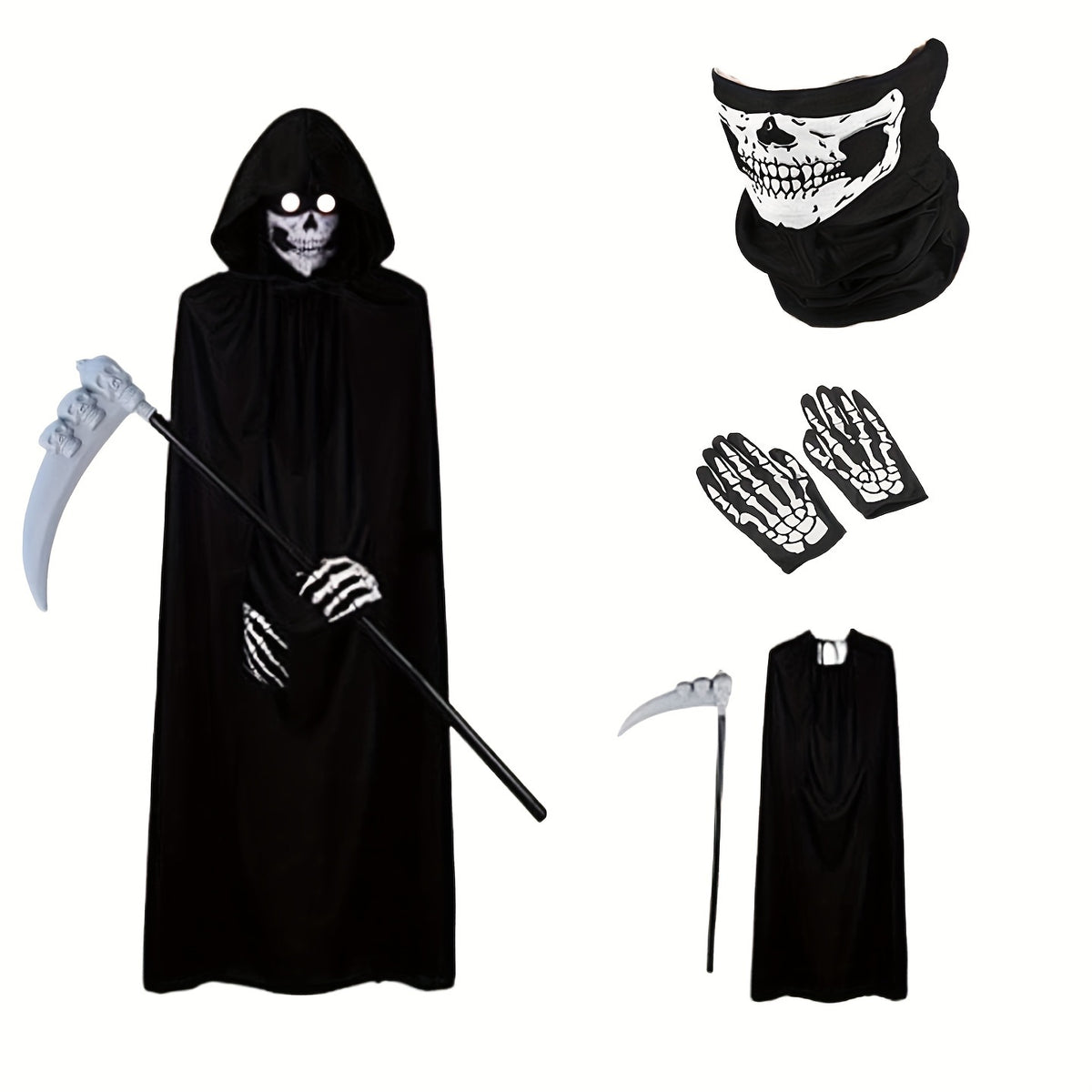 Adult Halloween Death Cloak Skull Face Towel Gloves Costume Set