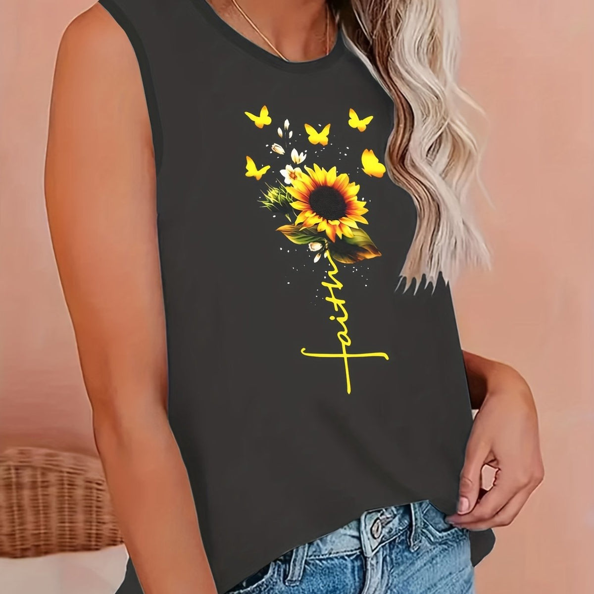  Butterfly & Sunflower Print Round Neck Tank Top