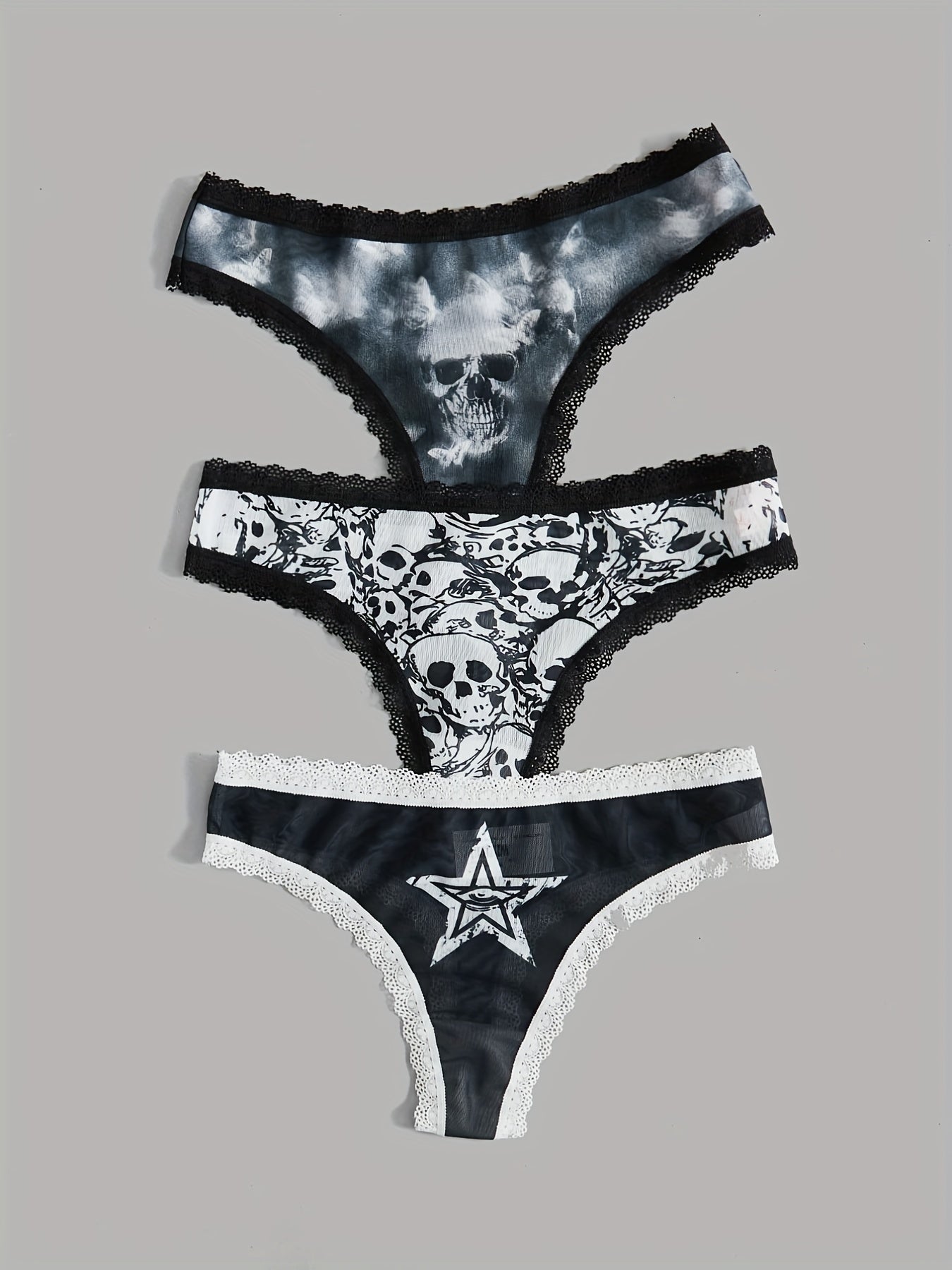 3pcs Skull Pattern Thongs with Lace Trim for Women