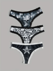 3pcs Skull Pattern Thongs with Lace Trim for Women