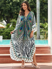 Peacock & Leopard Print Batwing Sleeve V Neck Side Split Cover Up Dress