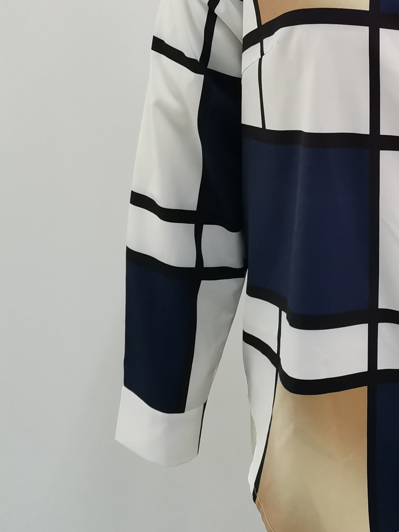  Colorblock Grid Print Button Up Blouse