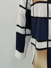  Colorblock Grid Print Button Up Blouse