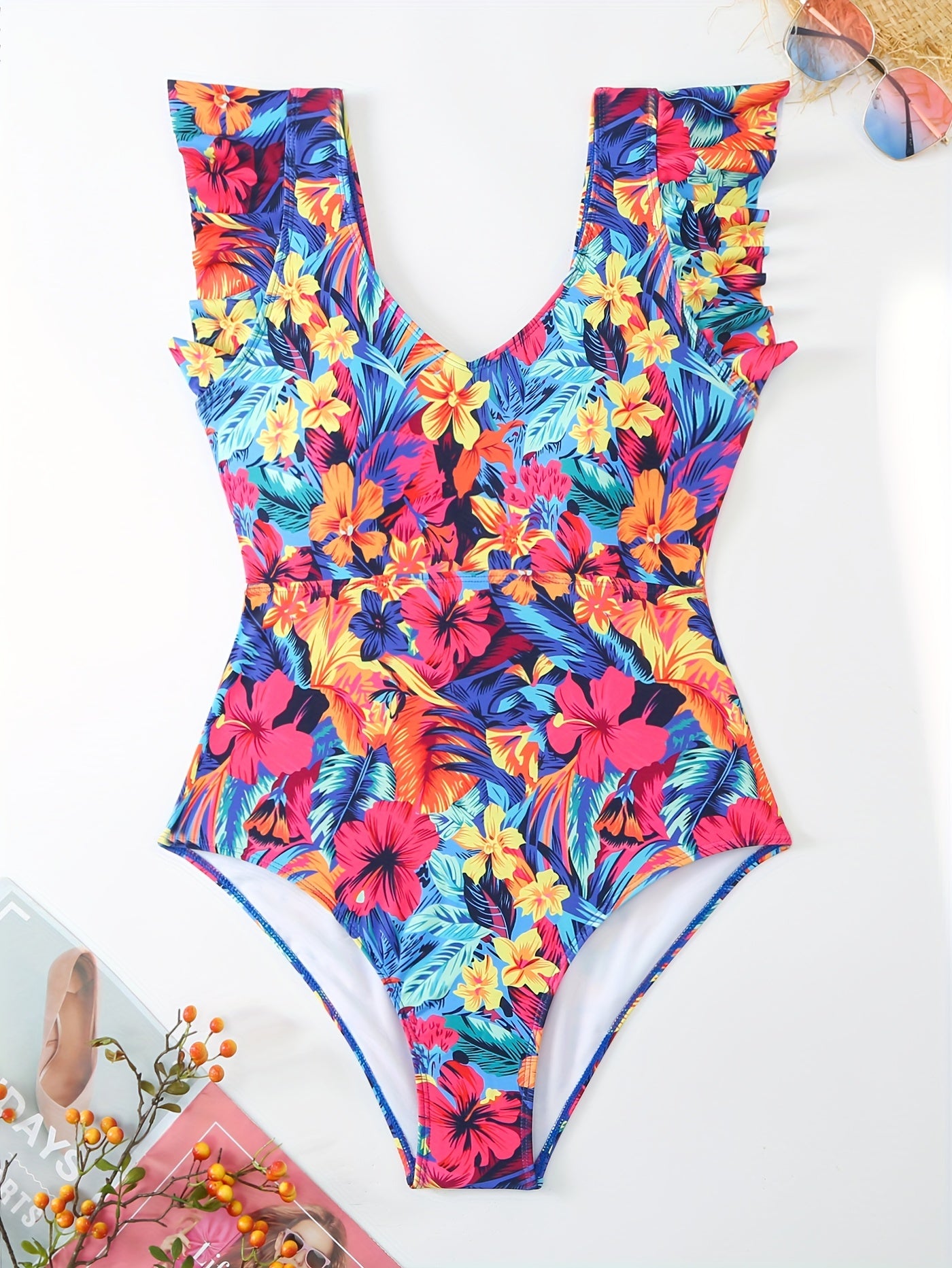  Floral Print V Neck Ruffle Trim One Piece Bathing Suit