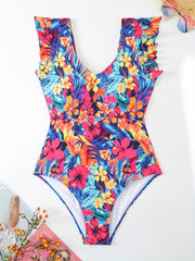  Floral Print V Neck Ruffle Trim One Piece Bathing Suit