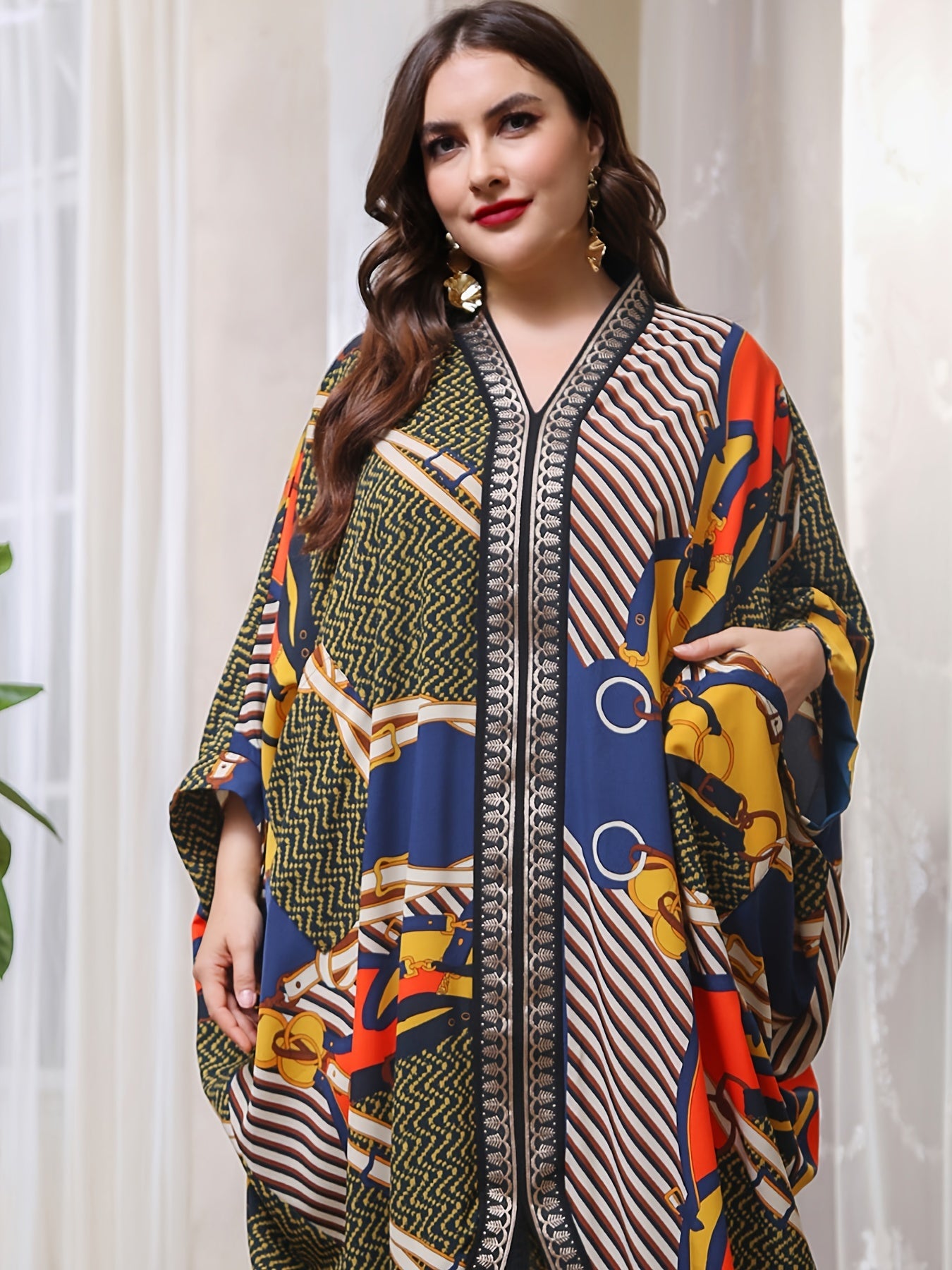  Geometric Print Bat Sleeve V Neck Maxi Dress