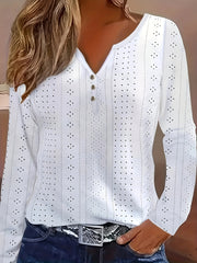  Casual Eyelet Embroidery Button-Up Long Sleeve Blouse