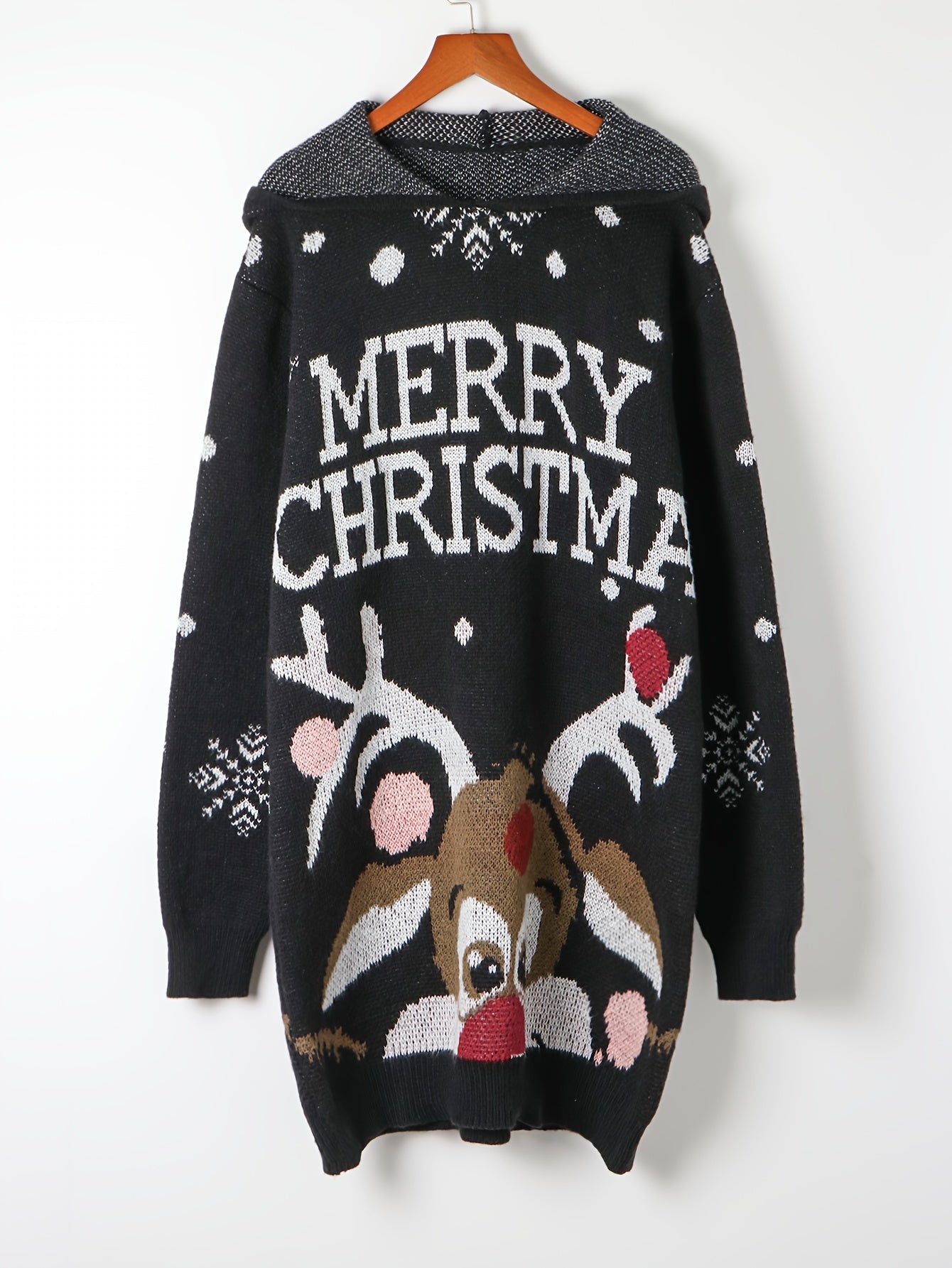  Christmas Elk Print Hooded Sweater Dress for Women